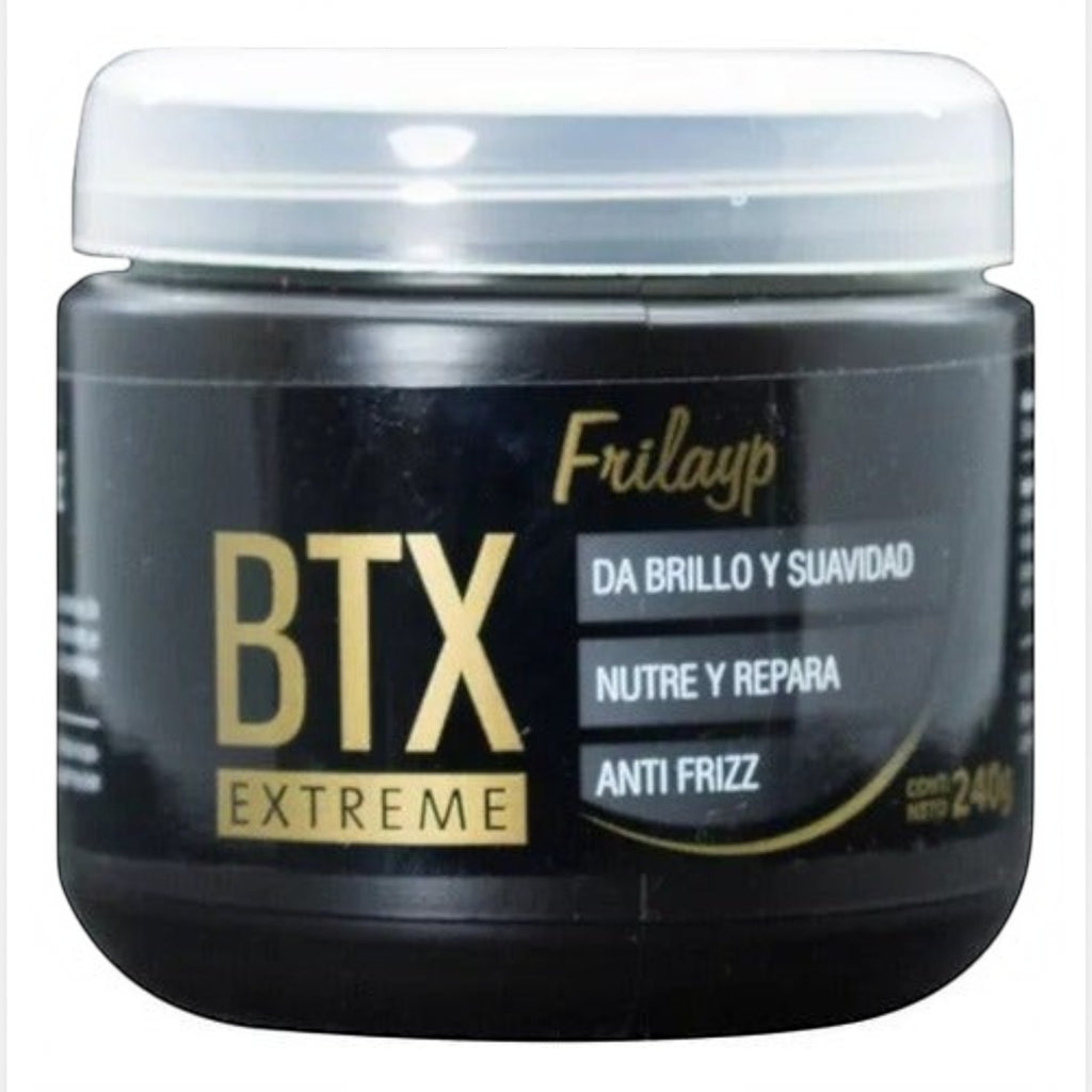 Pote de tratamiento capilar Botox Extreme Frilayp de Distriwil, crema reparadora anti frizz de 240g en envase negro.