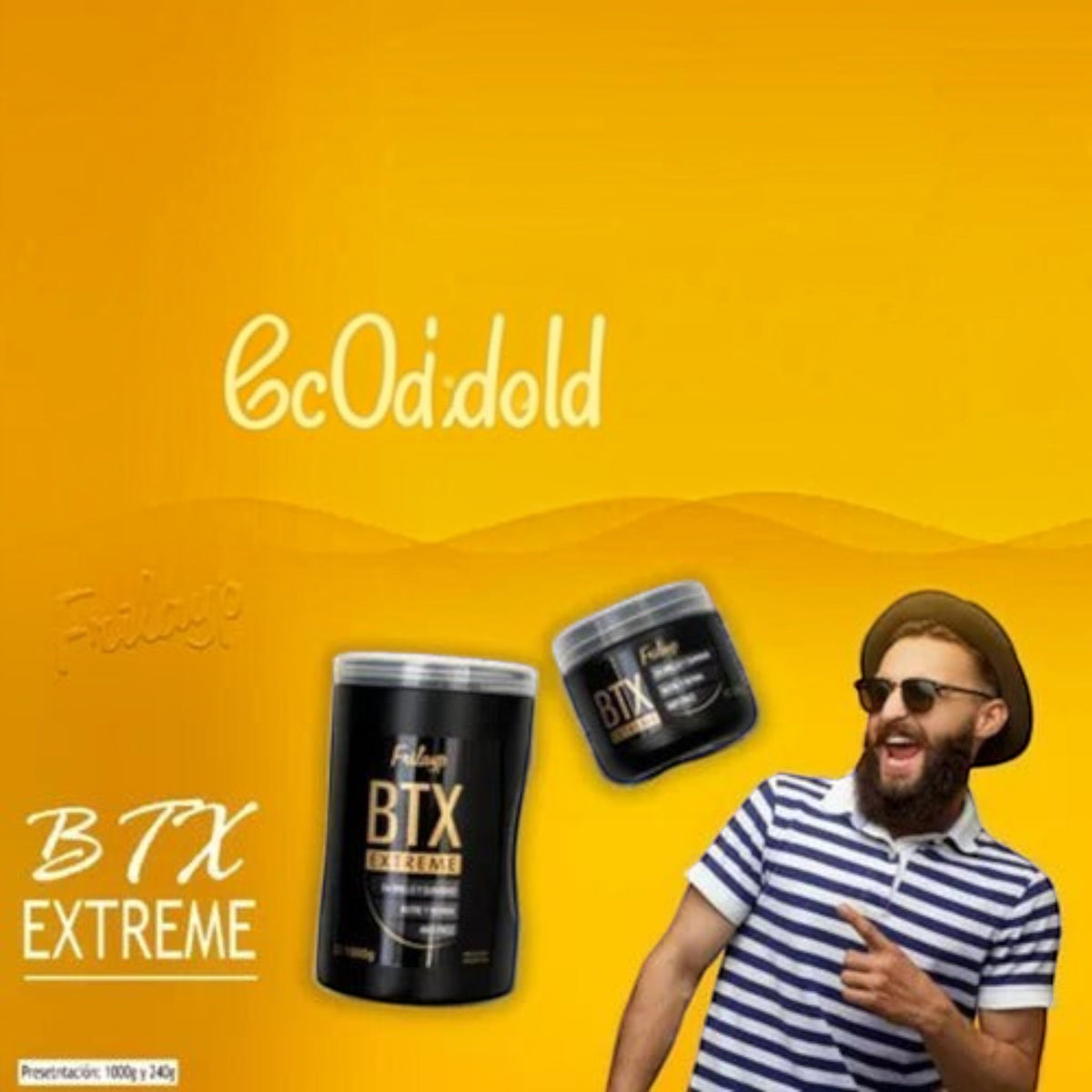 Kit de tratamiento capilar Botox Extreme Frilayp de Distriwil con potes de 1000g y 240g junto a un hombre sonriente.