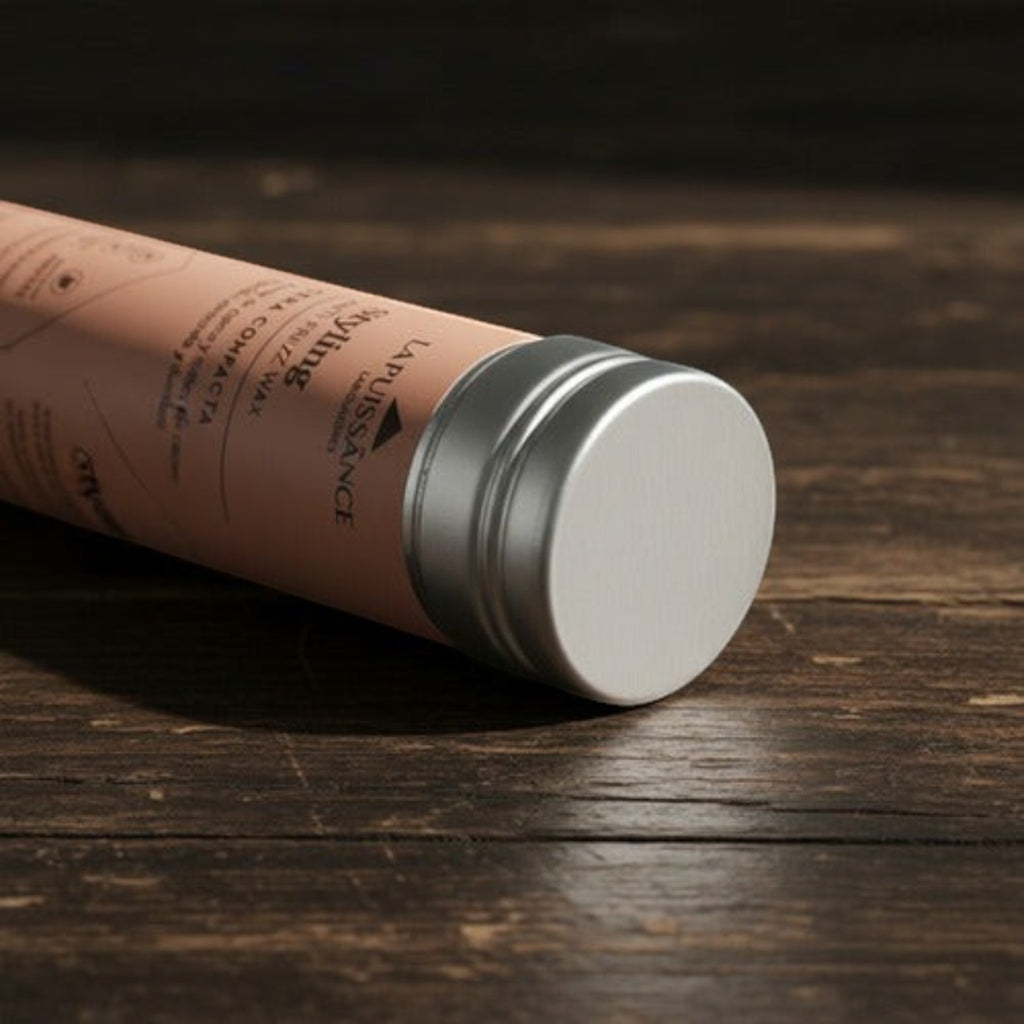Cera compacta antifrizz Distriwil La Puissance en envase cilíndrico color rosa sobre superficie de madera oscura