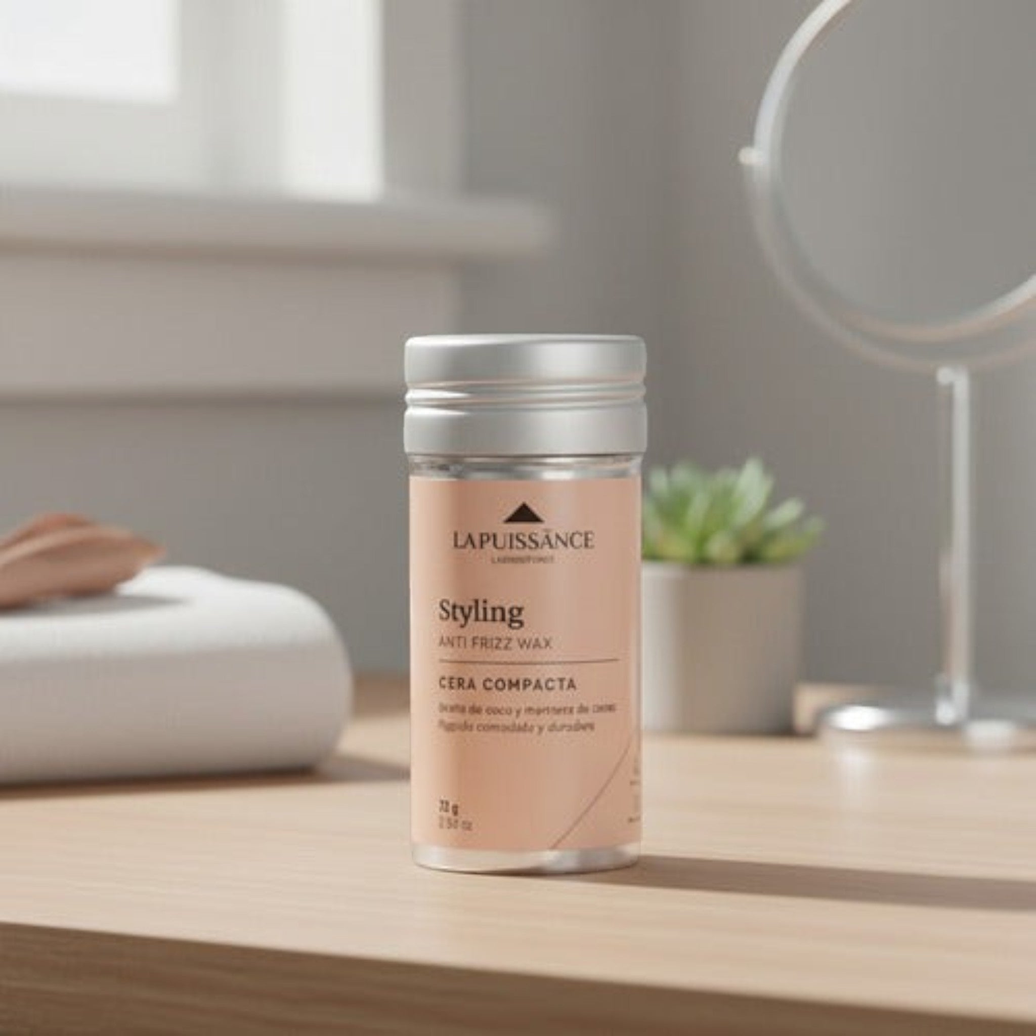 Cera modeladora antifrizz La Puissance Styling de Distriwil en envase cilíndrico sobre una mesa de madera clara.