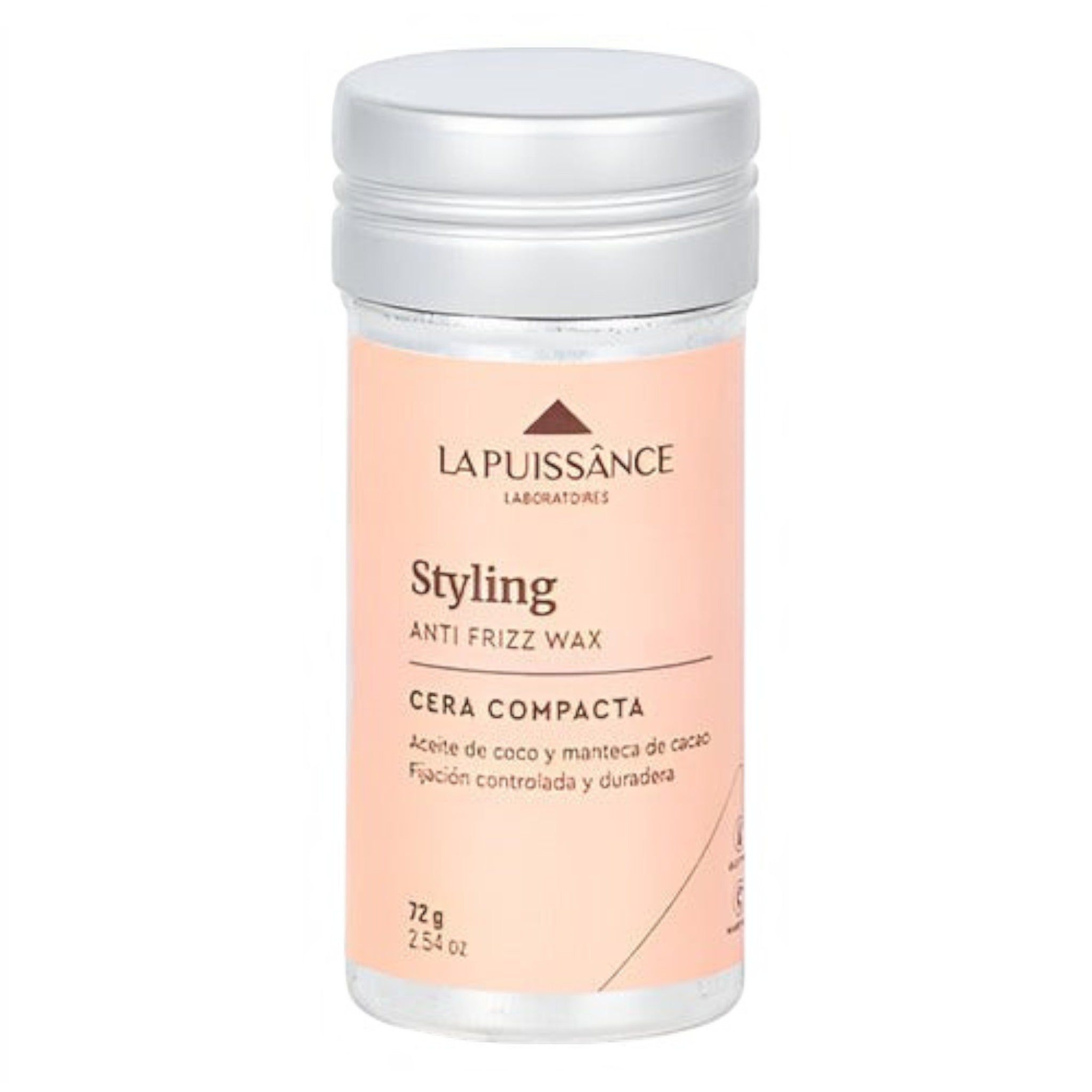 Cera modeladora antifrizz La Puissance de Distriwil con aceite de coco y manteca de cacao en envase de tapa rosca