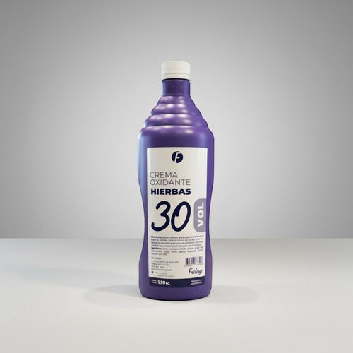 Botella de crema oxidante Frilayp de 30 volúmenes con extracto de hierbas de Distriwil, envase de 920ml color morado.
