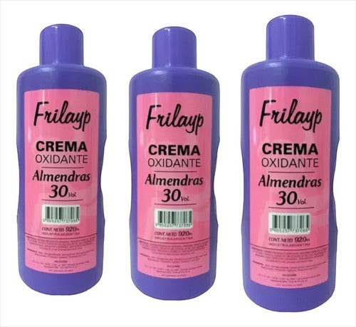 Tres botellas de crema oxidante Frilayp 30 volúmenes de Distriwil para coloración capilar profesional de 920ml