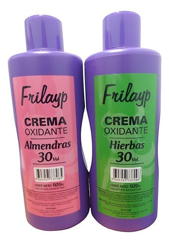 Botellas de crema oxidante Frilayp 30 volúmenes de Distriwil, versiones de almendras y hierbas de 920ml