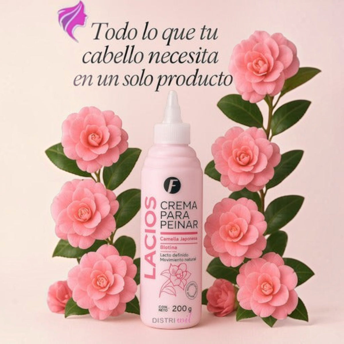Crema para peinar Distriwil con camelia japonesa para cabello lacio, en envase de 200g rodeada de flores rosadas