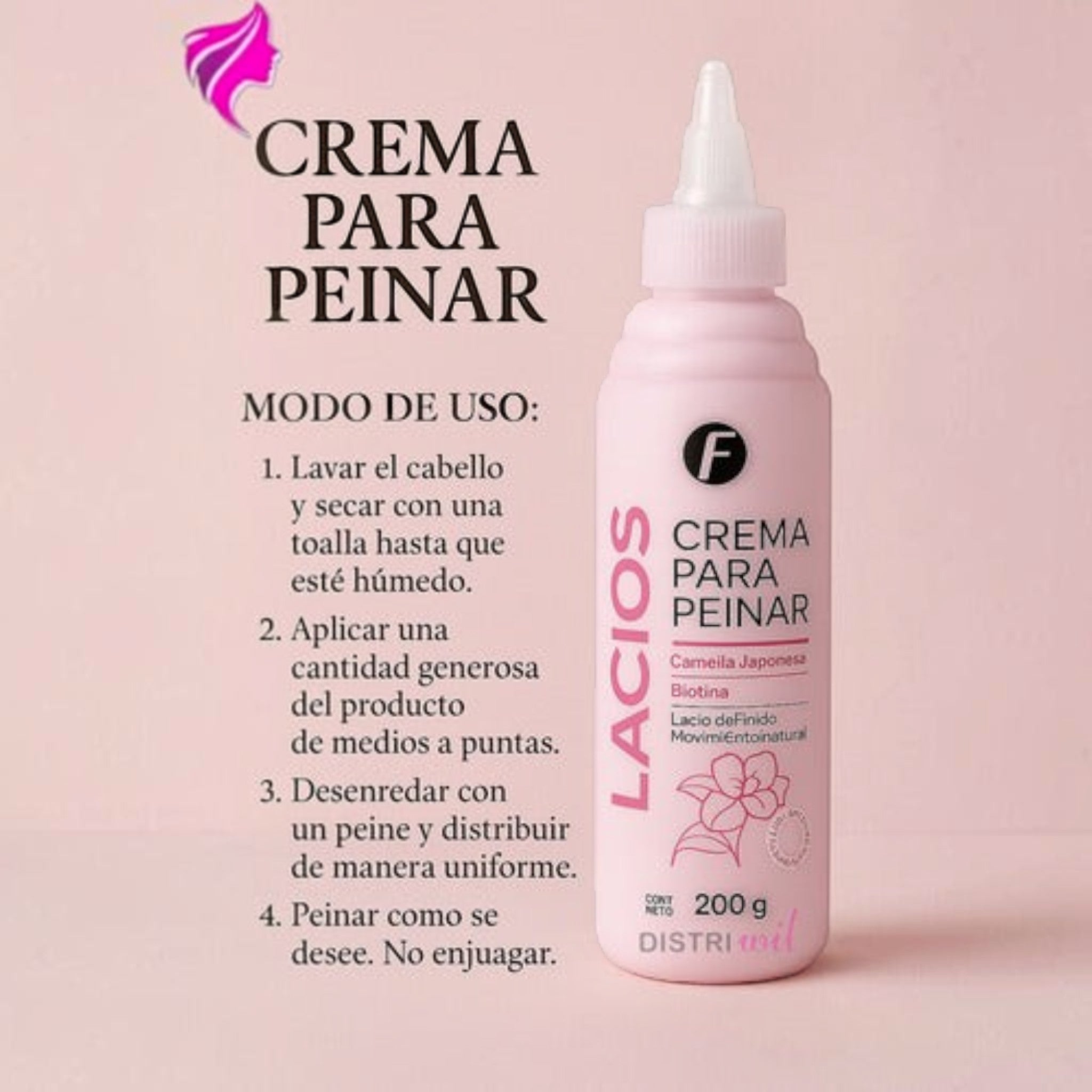 Botella de crema para peinar Distriwil Frilayp con camelia japonesa y biotina para cabellos lacios y sin frizz