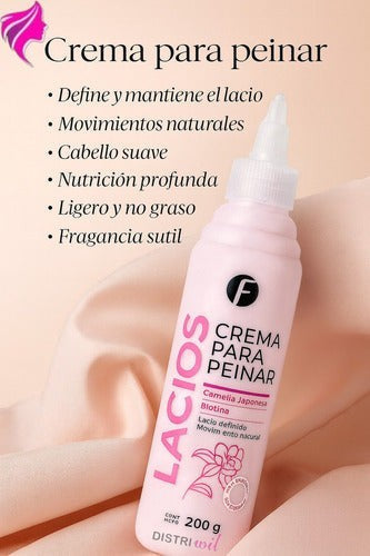 Crema para peinar Distriwil Frilayp con camelia japonesa para cabello lacio, en envase rosa de 200g.