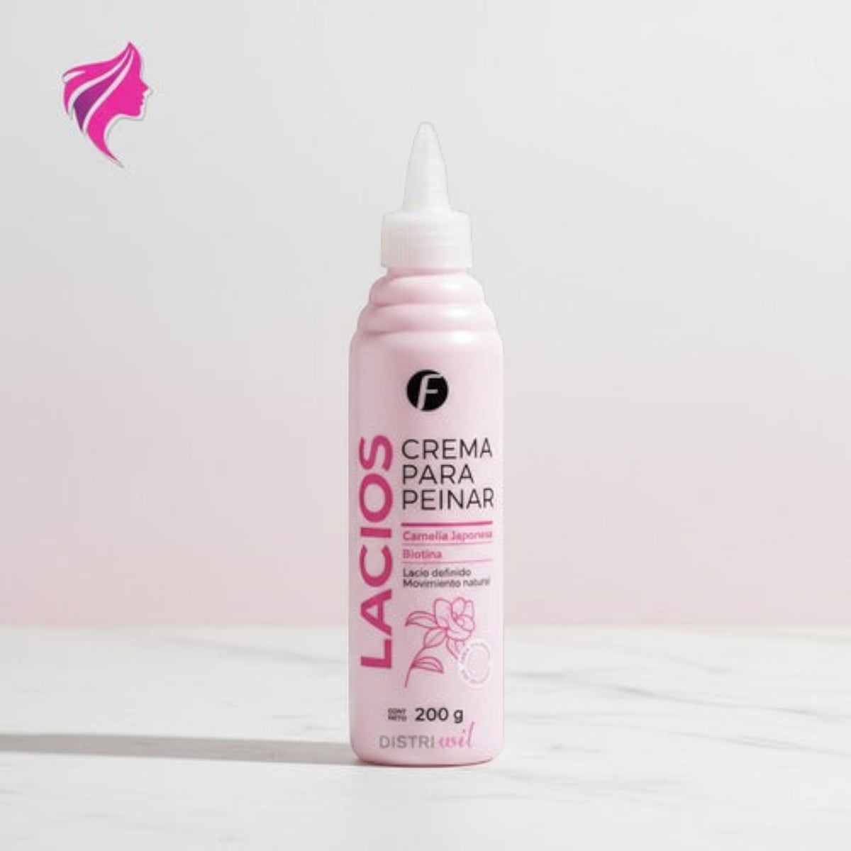 Crema para peinar Distriwil Frilayp con camelia japonesa y biotina en envase rosa de 200g para cabello lacio