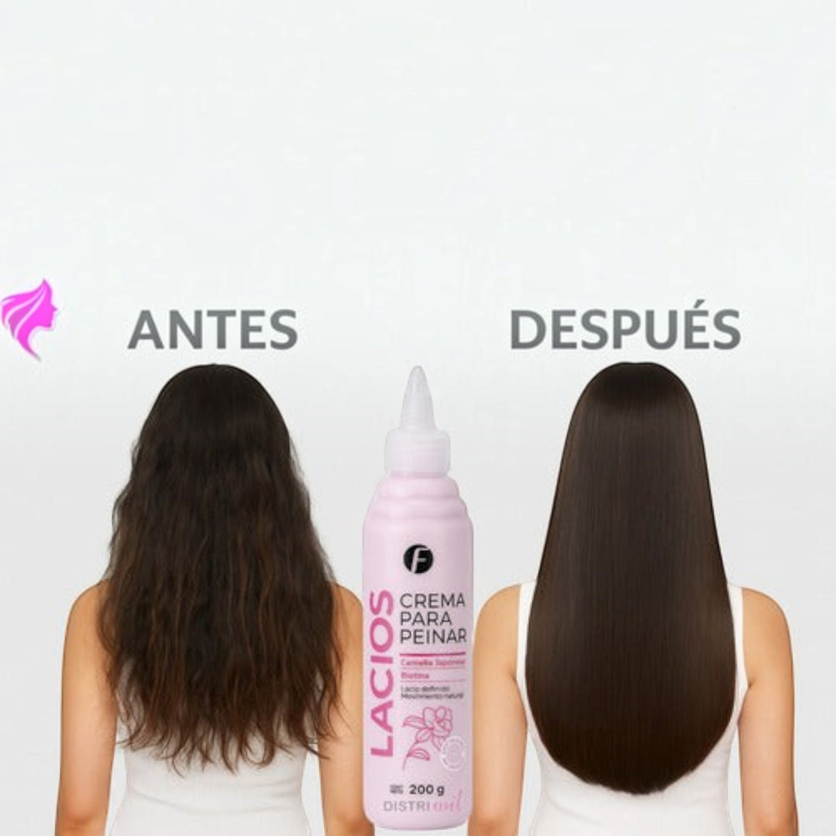 Comparativa de cabello antes y después usando crema para peinar Distriwil con camelia japonesa para un lacio perfecto