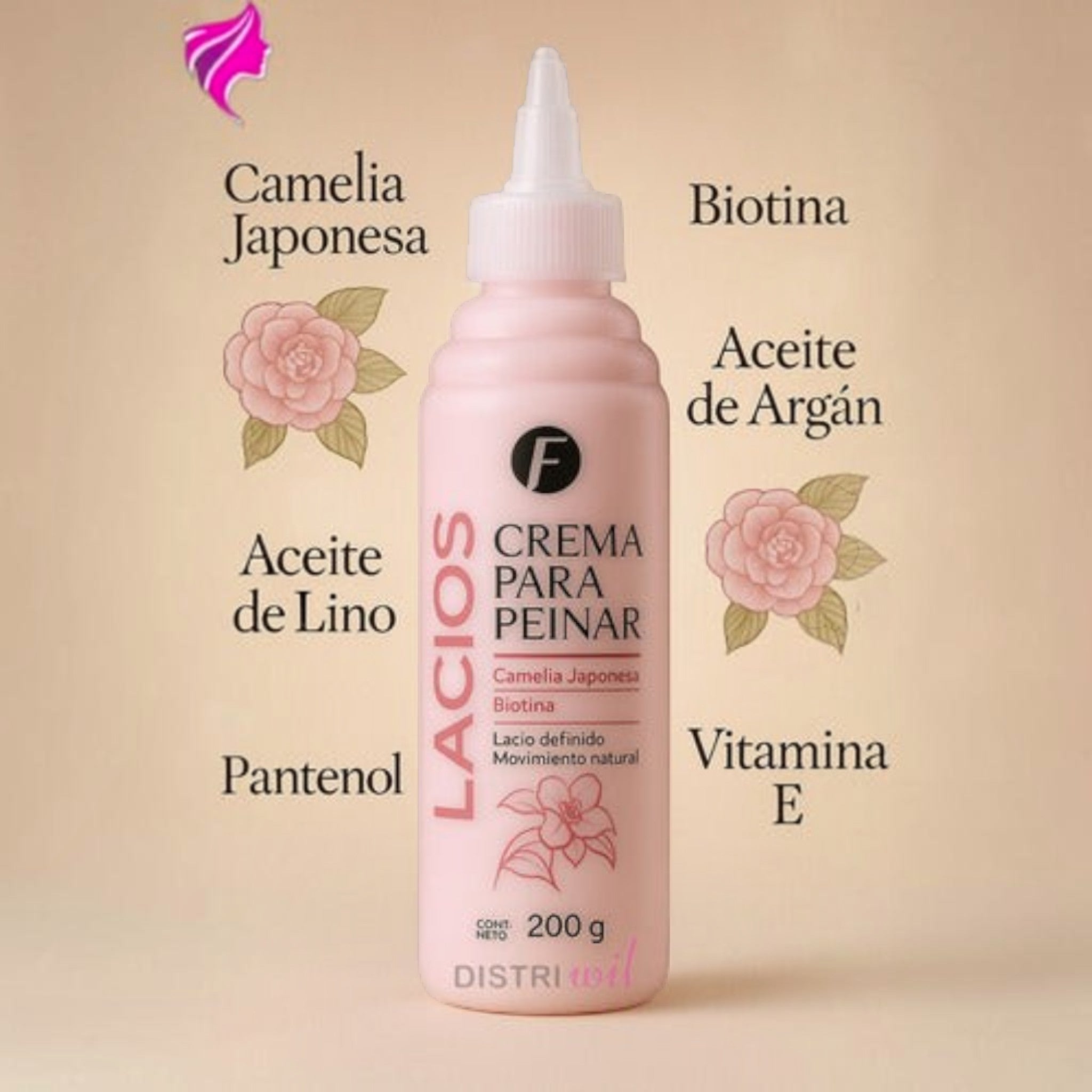 Crema para peinar Distriwil Lacios con camelia japonesa, biotina y keratina en envase de 200g para cabello lacio