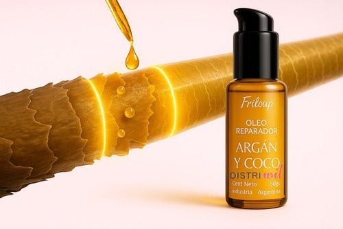 Kit de aceites capilares Distriwil Frilayp con argán y coco en frasco dosificador de 50cc para nutrición profunda