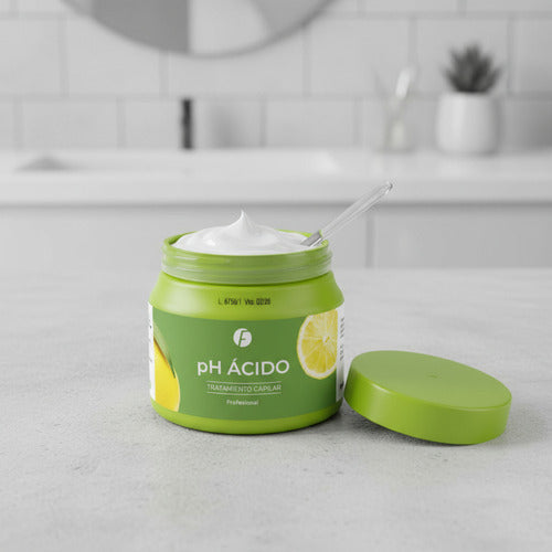 Tarro de baño capilar profesional Distriwil Frilayp pH ácido con crema blanca y tapa verde sobre encimera de baño