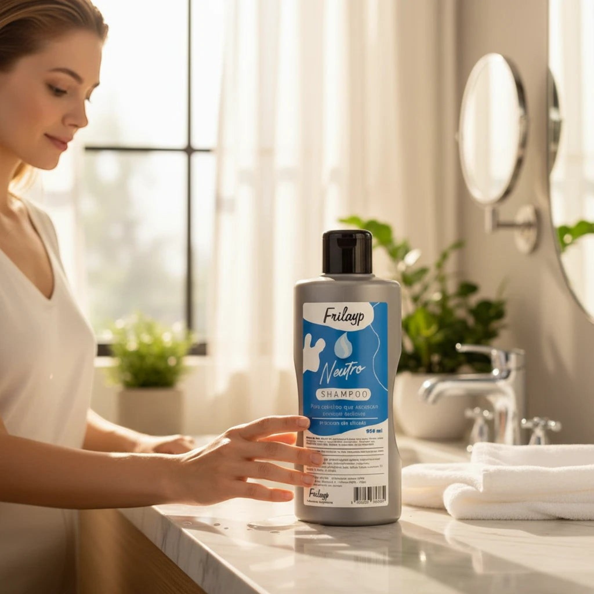 Mujer en baño luminoso junto a botella de 950ml de champú neutro Distriwil Frilayp para limpieza profunda capilar
