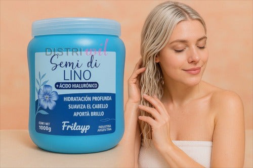 Mujer rubia junto a pote de crema capilar Distriwil Frilayp con ácido hialurónico y lino para hidratación profunda