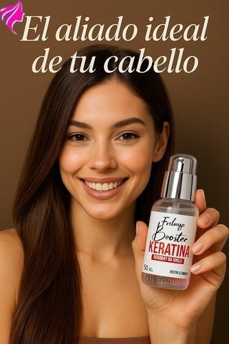 Mujer sonriente sosteniendo el tratamiento capilar Distriwil Frilayp Keratina Booster de 50cc para hidratar el cabello