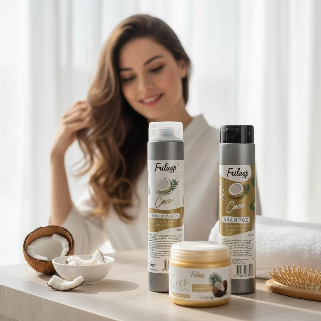 Kit capilar Distriwil Frilayp de coco con shampoo, acondicionador y baño de crema para cabello dañado y teñido