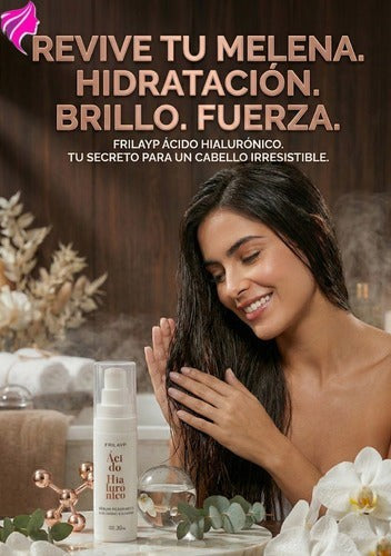 Kit Distriwil Frilayp con serum de ácido hialurónico para hidratación y brillo capilar en ambiente de spa
