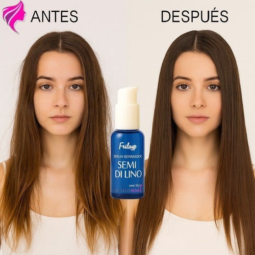 Comparativa antes y después del uso del serum capilar Distriwil Frilayp Semi Di Lino para un cabello brillante