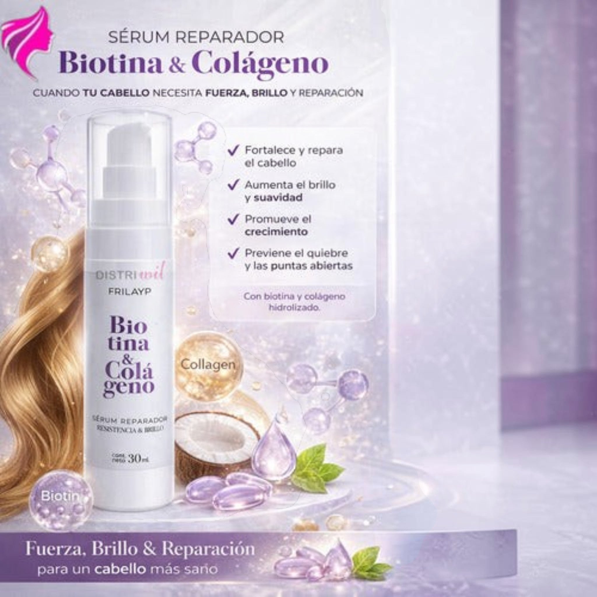 Serum capilar Distriwil Frilayp con biotina y colageno para reparar, dar brillo y fortalecer el cabello dañado