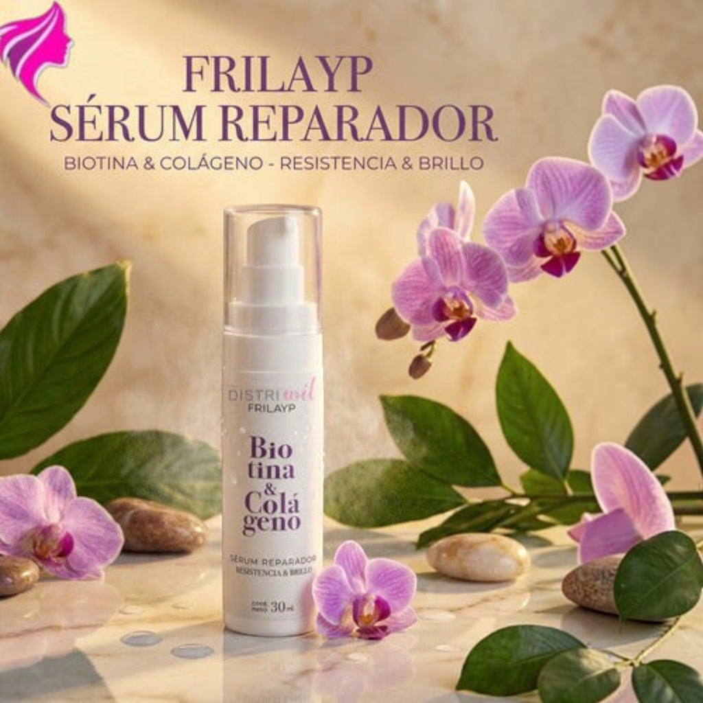 Serum capilar Distriwil Frilayp con biotina y colageno en envase de 30ml rodeado de flores de orquidea y hojas verdes