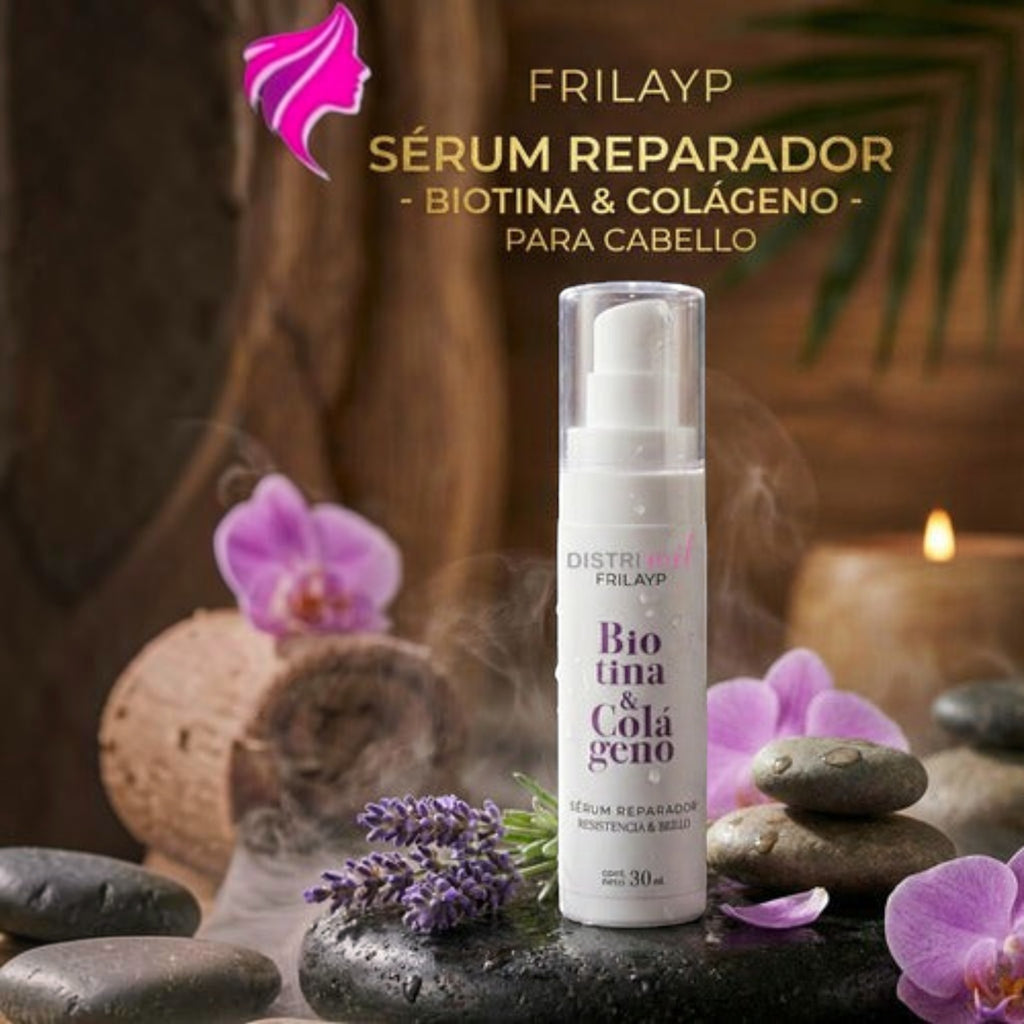 Sérum capilar Distriwil Frilayp con biotina y colágeno en envase de 30ml sobre piedras decorativas y flores