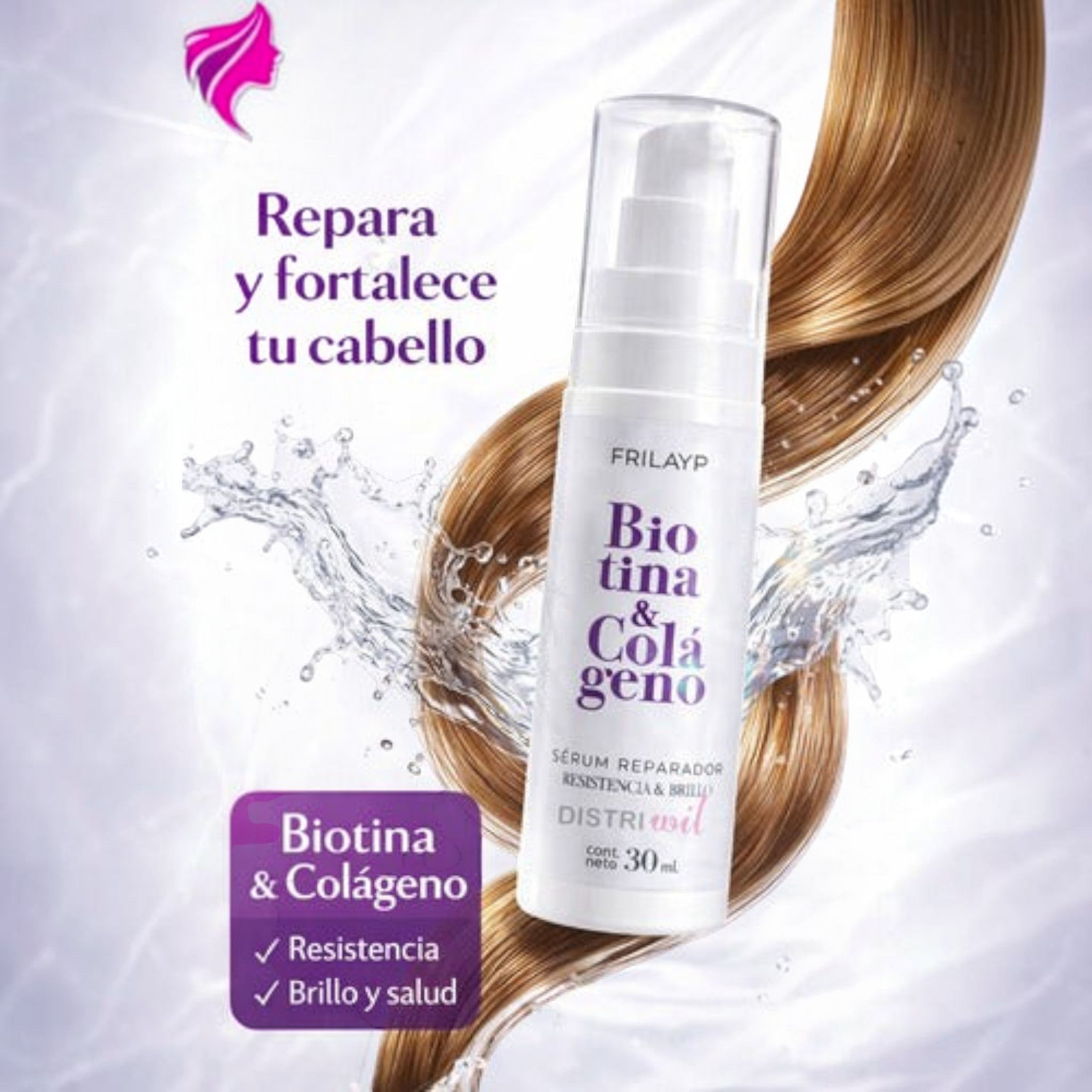 Sérum capilar Distriwil Frilayp con biotina y colágeno en envase de 30ml para reparar y dar brillo al cabello.