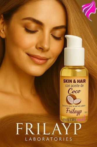Serum capilar Distriwil Frilayp de coco con dosificador junto a una mujer de cabello brillante y saludable