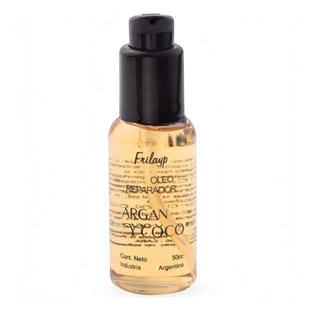 Serum reparador Distriwil Frilayp con aceite de coco y argán en frasco de 50cc con válvula dosificadora