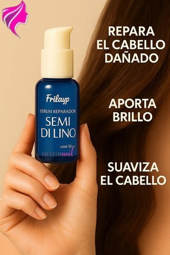 Serum reparador Distriwil Frilayp Semi Di Lino de 50cc en frasco azul con dosificador para hidratar el cabello