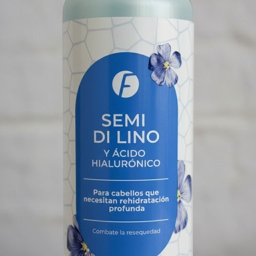 Envase de Distriwil Frilayp con shampoo y acondicionador de semi di lino y ácido hialurónico para hidratación capilar