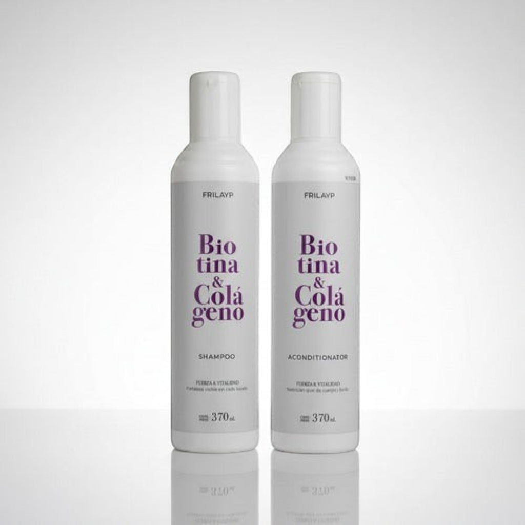 Kit Distriwil Frilayp de shampoo y acondicionador con biotina y colágeno en envases blancos de 370ml