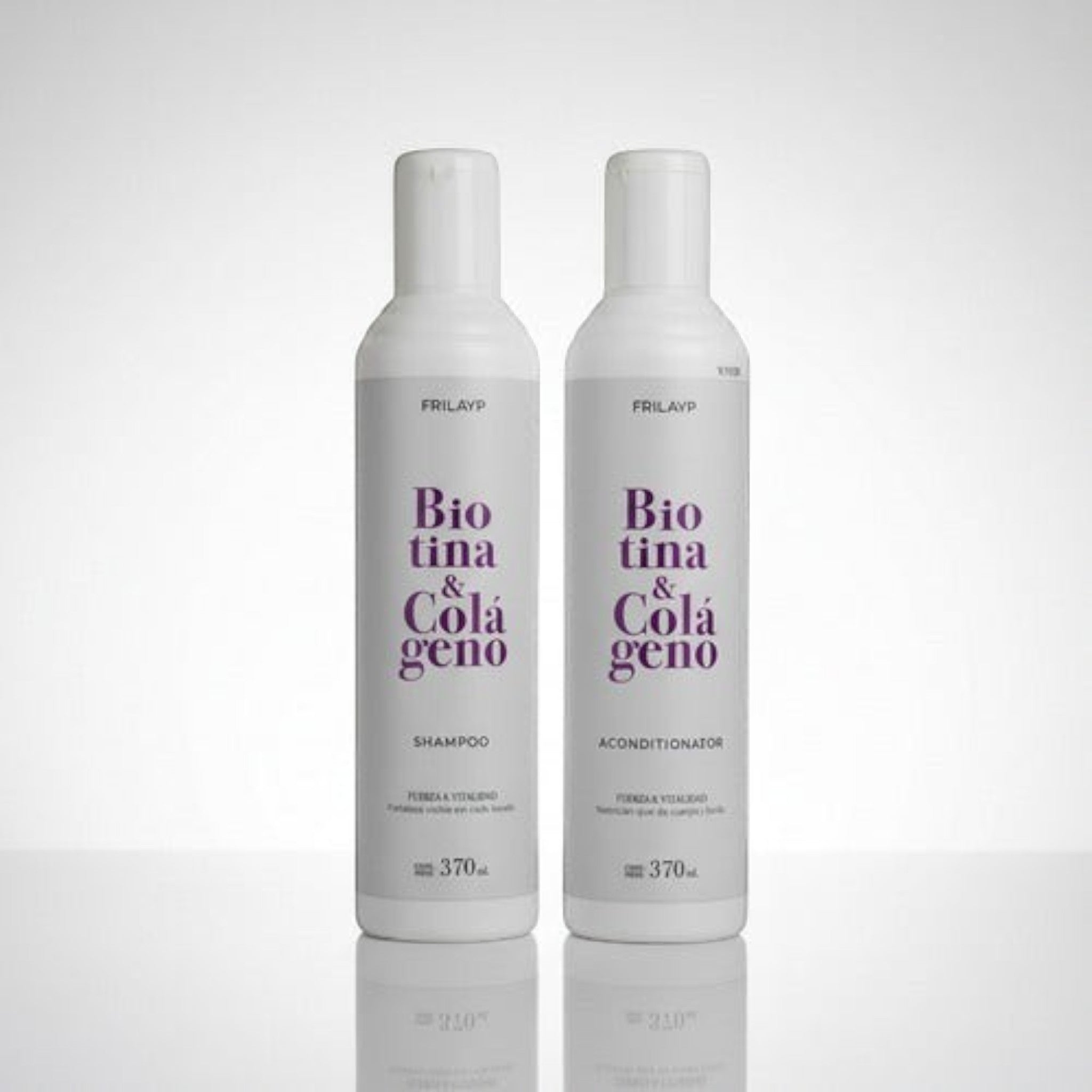 Kit Distriwil Frilayp de shampoo y acondicionador con biotina y colágeno en envases blancos de 370ml