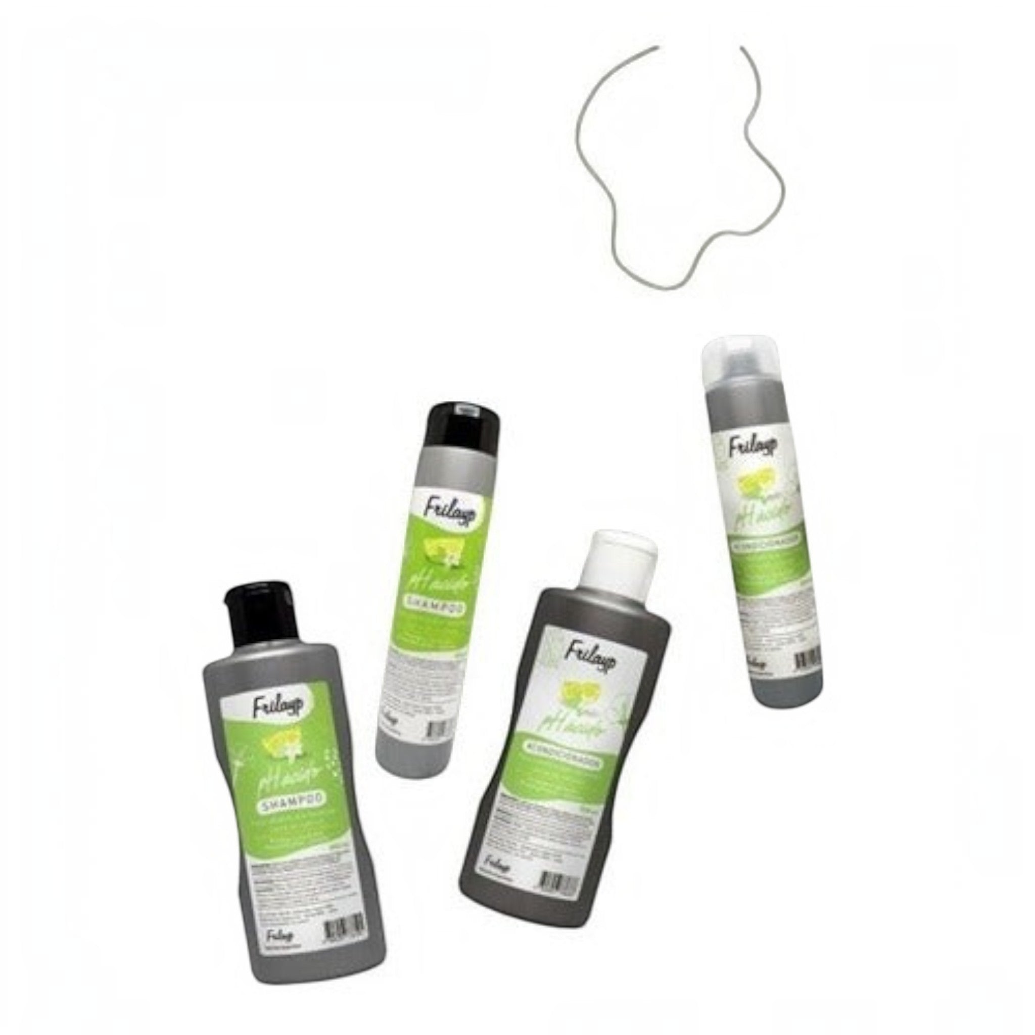 Set de productos capilares Distriwil Frilayp con shampoo y acondicionador de pH ácido en envases grises de 370ml