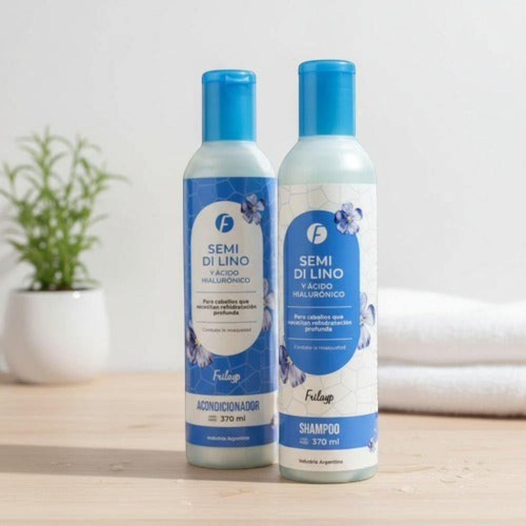 Set de shampoo y acondicionador Distriwil Frilayp con ácido hialurónico y semi di lino en envases de 370 ml cada uno