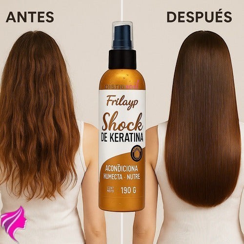 Comparativa antes y después del tratamiento capilar Distriwil Frilayp Shock de Keratina para un cabello sedoso