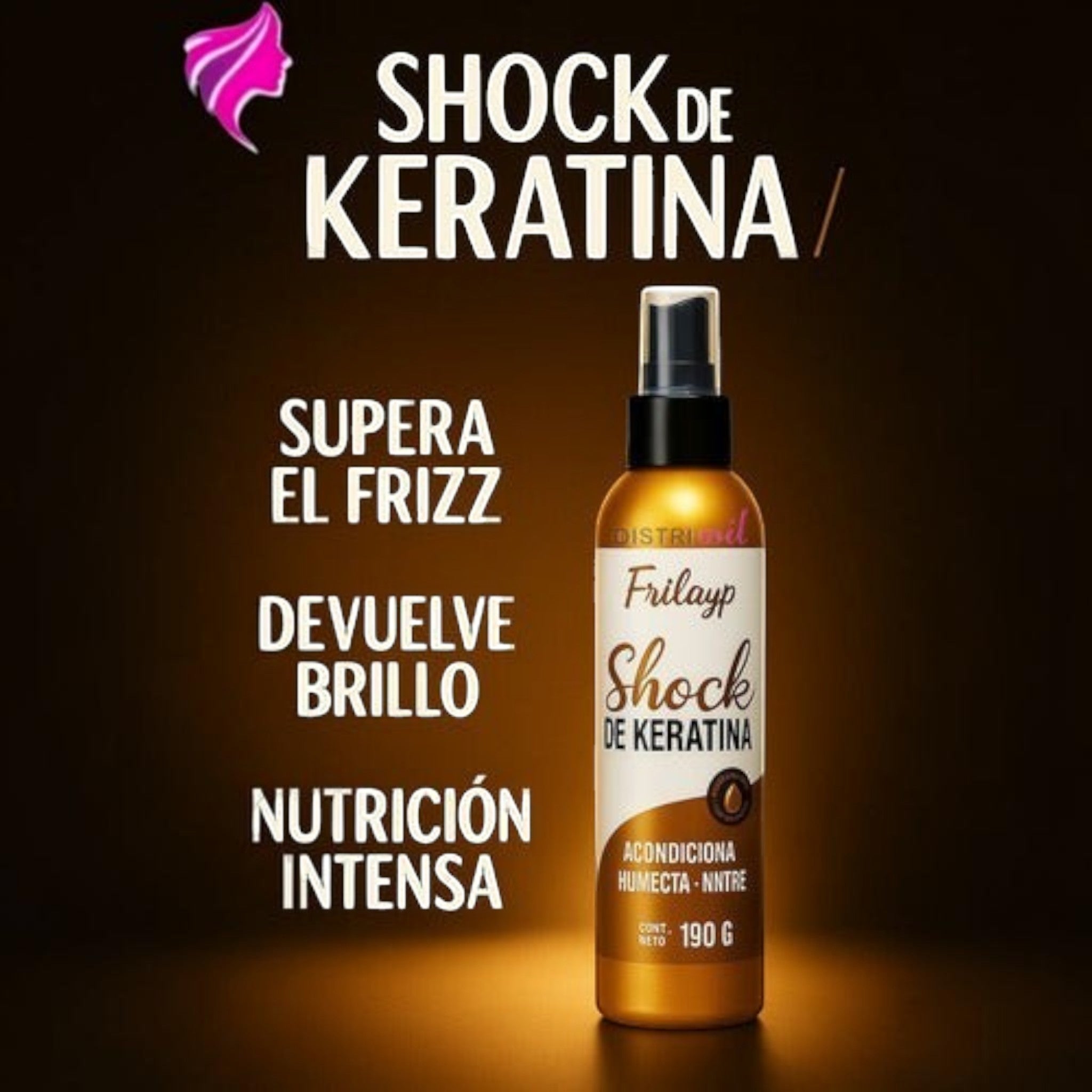 Spray Shock de Keratina Frilayp de Distriwil para nutrición intensa, brillo y control de frizz en el cabello