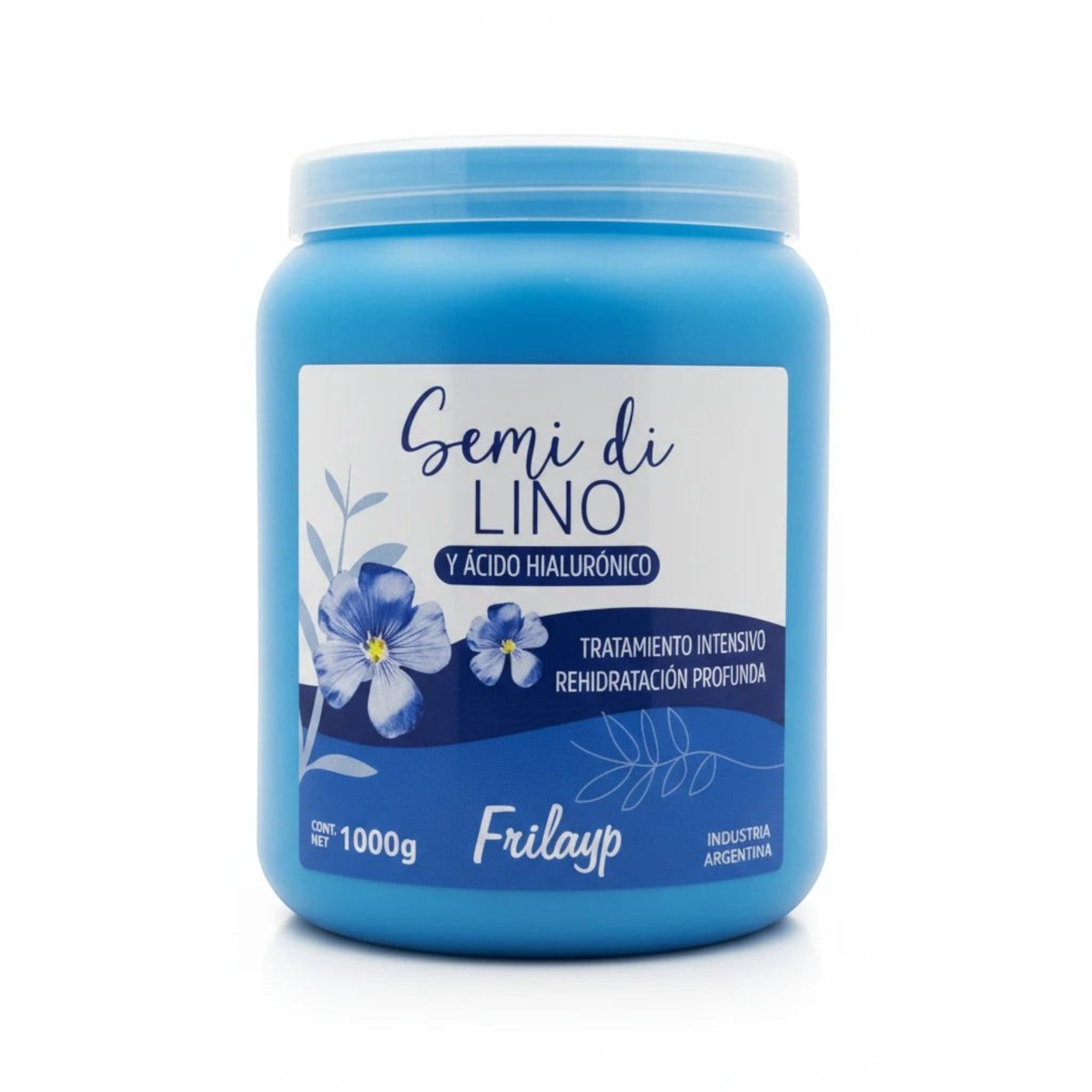 Tratamiento capilar Distriwil Frilayp Semi Di Lino de 1000g en envase azul para rehidratación profunda del cabello.