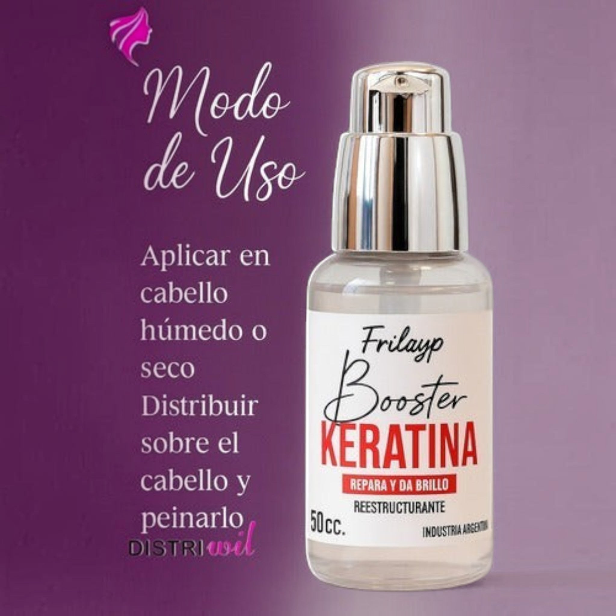 Frasco de 50cc de Keratina Booster Frilayp de Distriwil para hidratación y brillo capilar con instrucciones de uso