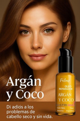 Kit de aceites capilares Distriwil con argán y coco para cabello seco, presentado en frasco dosificador de 50cc.