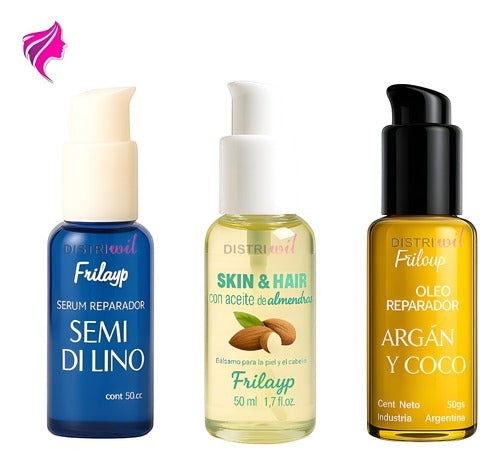 Kit de aceites capilares Distriwil Frilayp con almendras, lino y argán con coco en frascos dosificadores de 50cc