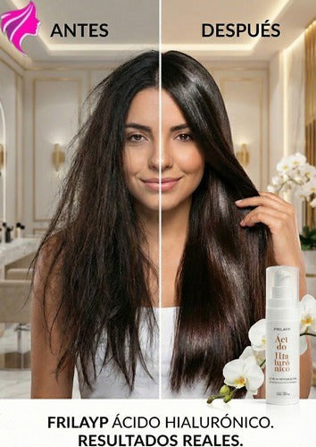 Comparativa Distriwil de cabello antes y después usando el kit de máscara y serum de ácido hialurónico Frilayp