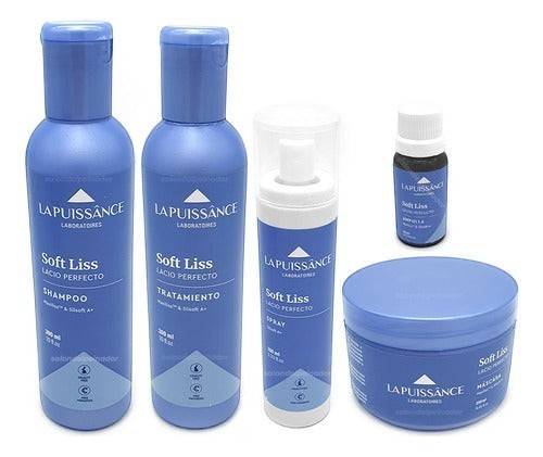 Kit completo La Puissance Soft Liss para cabello lacio y alisado, incluye shampoo, tratamiento, máscara, spray y ampollas. Envase azul.