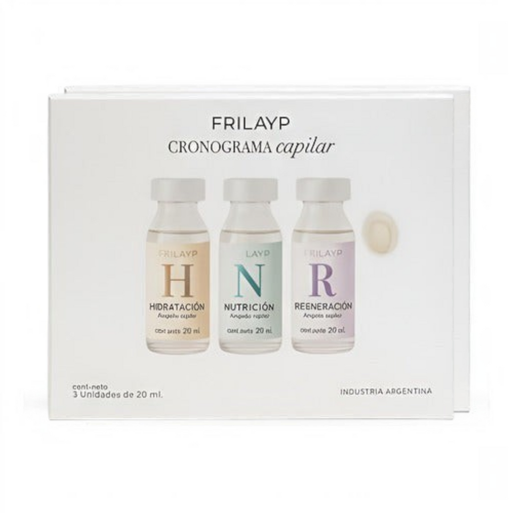 Kit de tres ampollas capilares Distriwil Frilayp para hidratación, nutrición y regeneración en caja blanca