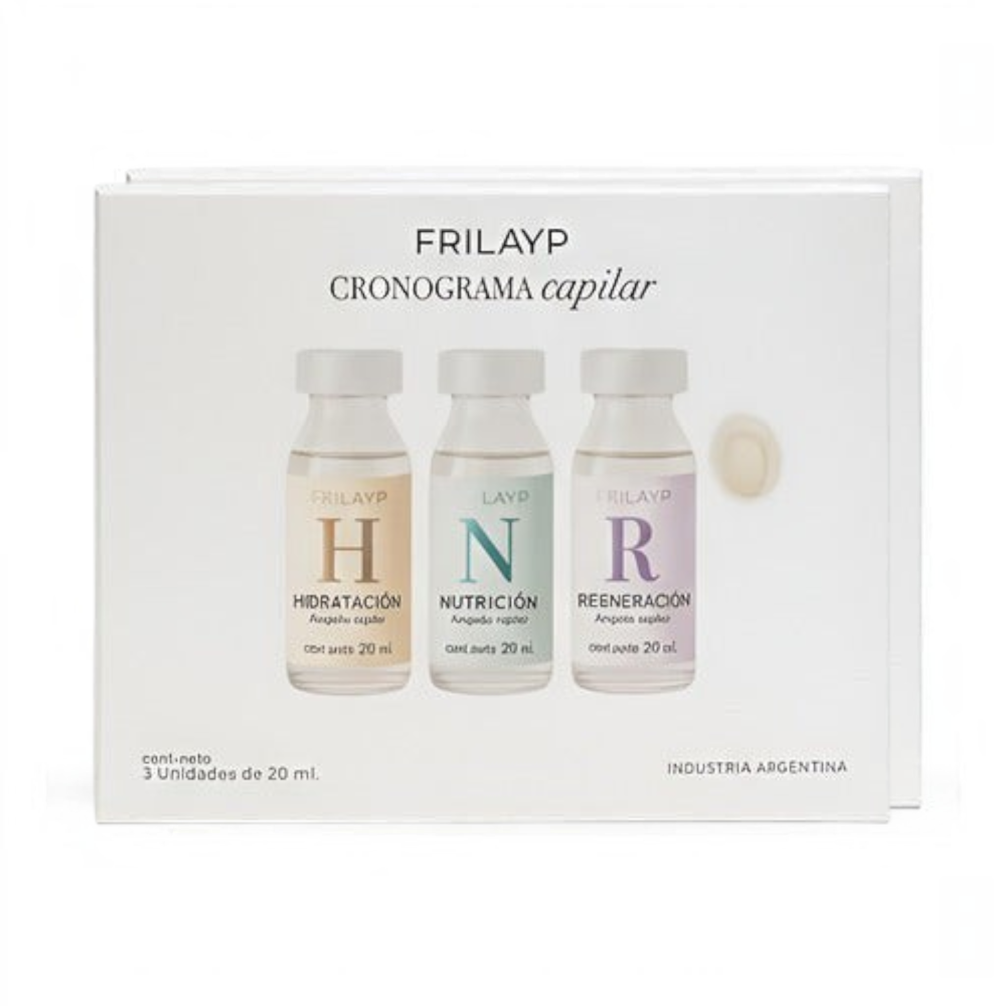 Kit de tres ampollas capilares Distriwil Frilayp para hidratación, nutrición y regeneración en caja blanca