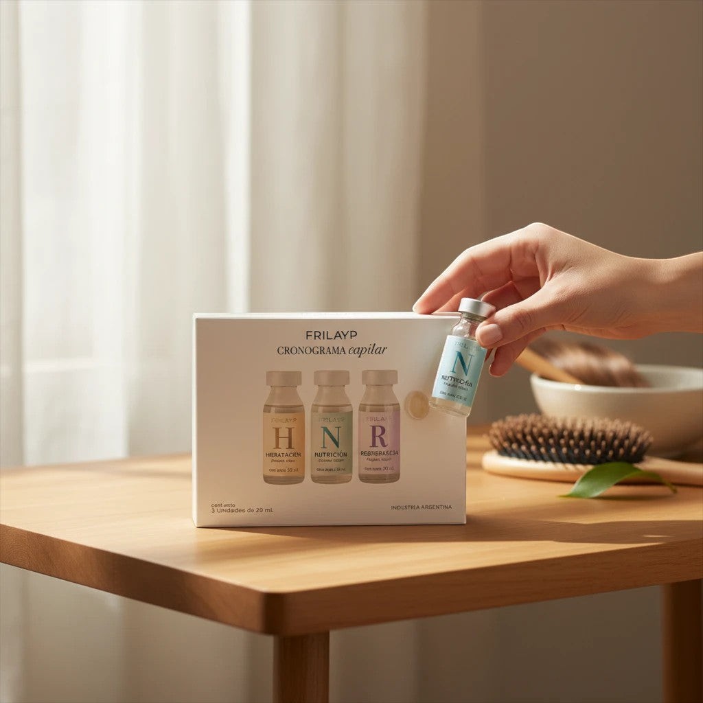 Kit de 3 ampollas capilares Distriwil Frilayp para hidratación, nutrición y regeneración sobre mesa de madera