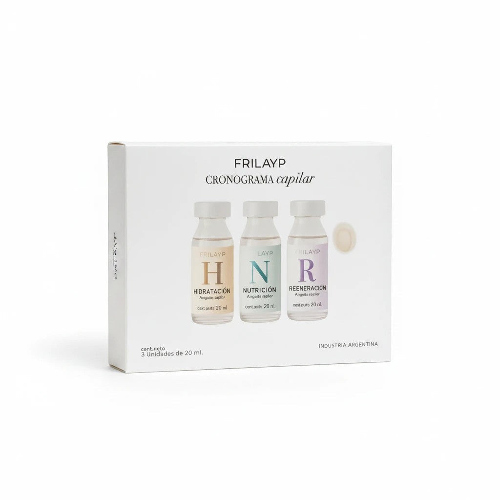 Kit de tres ampollas capilares Distriwil Frilayp para hidratación, nutrición y regeneración del cabello en caja blanca