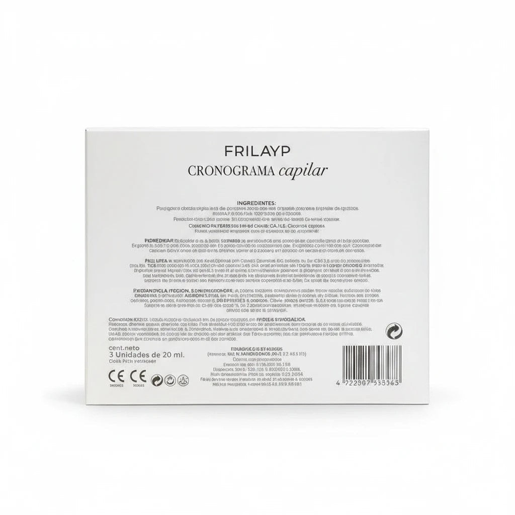 Parte posterior de la caja del kit de ampollas capilares Frilayp de Distriwil con información de ingredientes