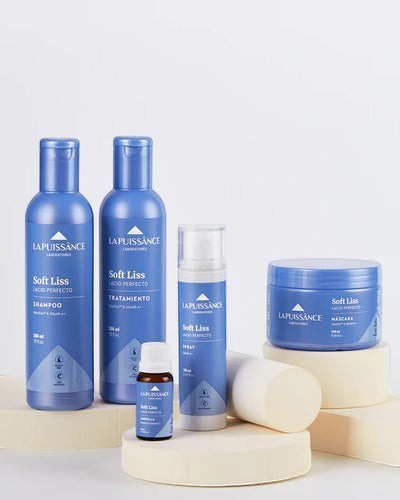 Kit de cabello La Puissance Soft Liss con champú, tratamiento, máscara, spray y ampollas para cabello lacio y alisado.
