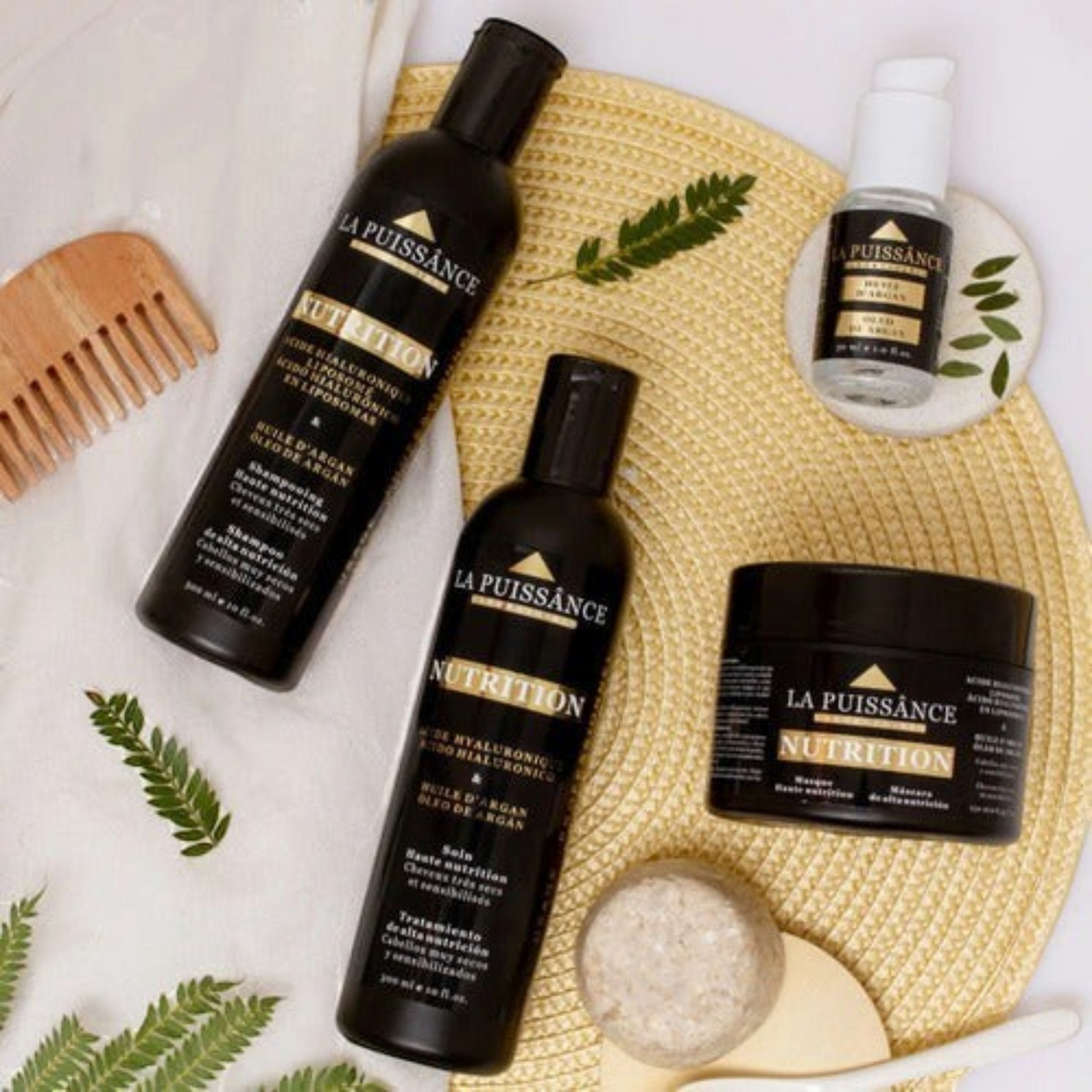 Kit de cuidado capilar Distriwil La Puissance con aceite de argán, incluye shampoo, acondicionador, máscara y serum.