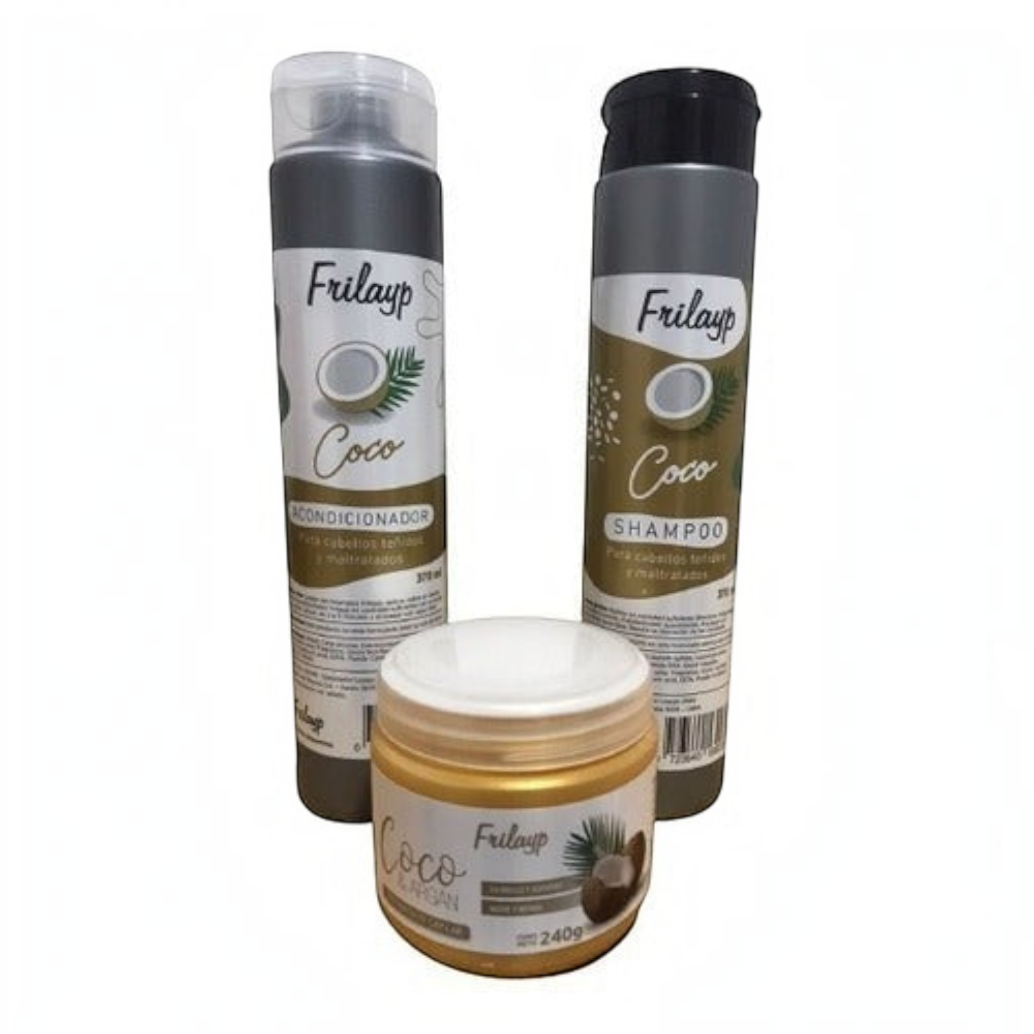 Kit capilar Distriwil Frilayp de coco con shampoo, acondicionador y baño de crema para cabello teñido y maltratado.